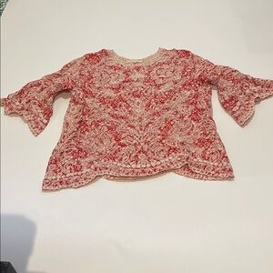 Solitaire Anthropologie Embroidered Red and White Floral Top